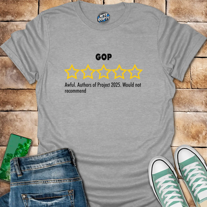 Sport Grey GOP Review t-shirt with empty five-star Project 2025 critique