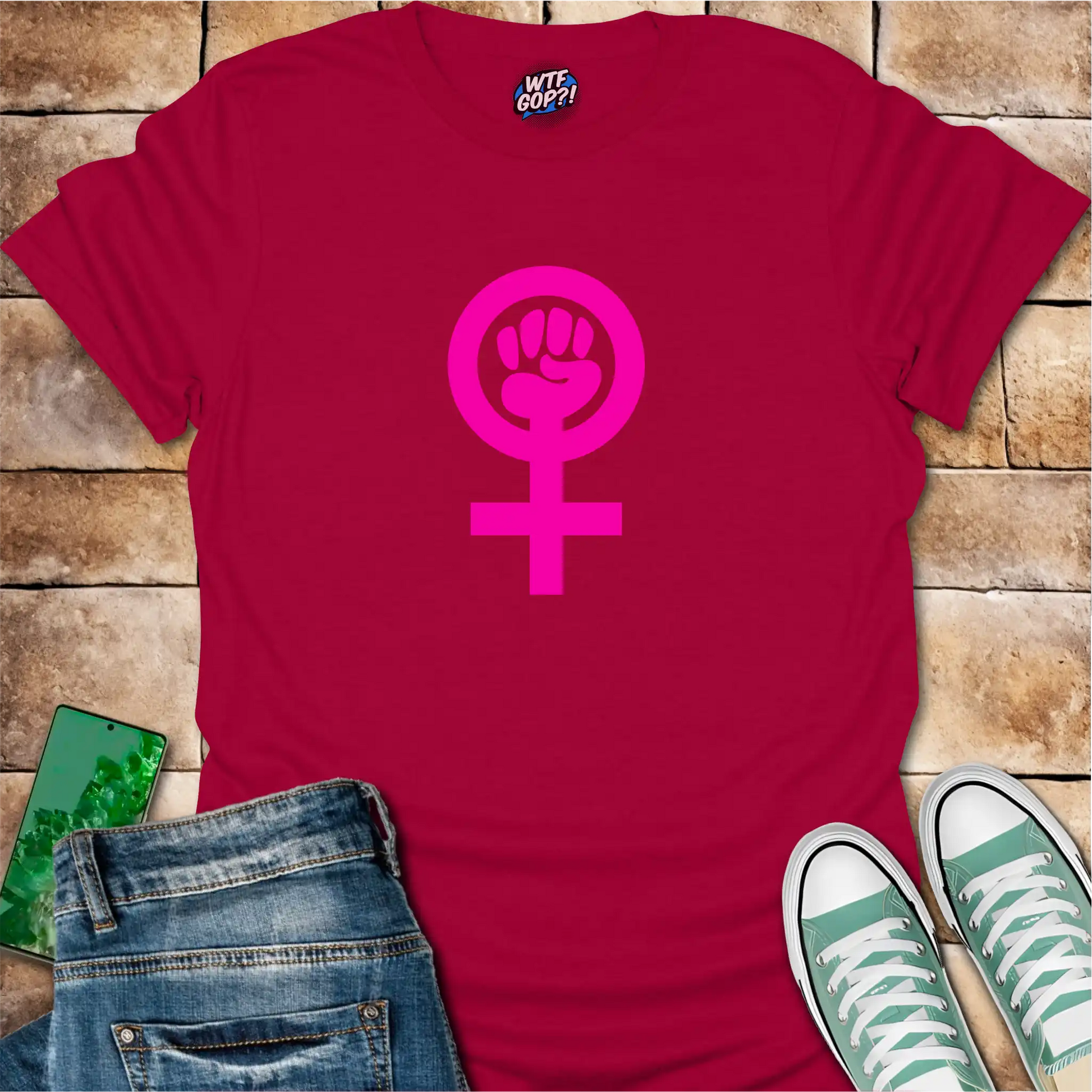 Cherry Red Feminist Empowerment t-shirt with bright pink Venus fist symbol