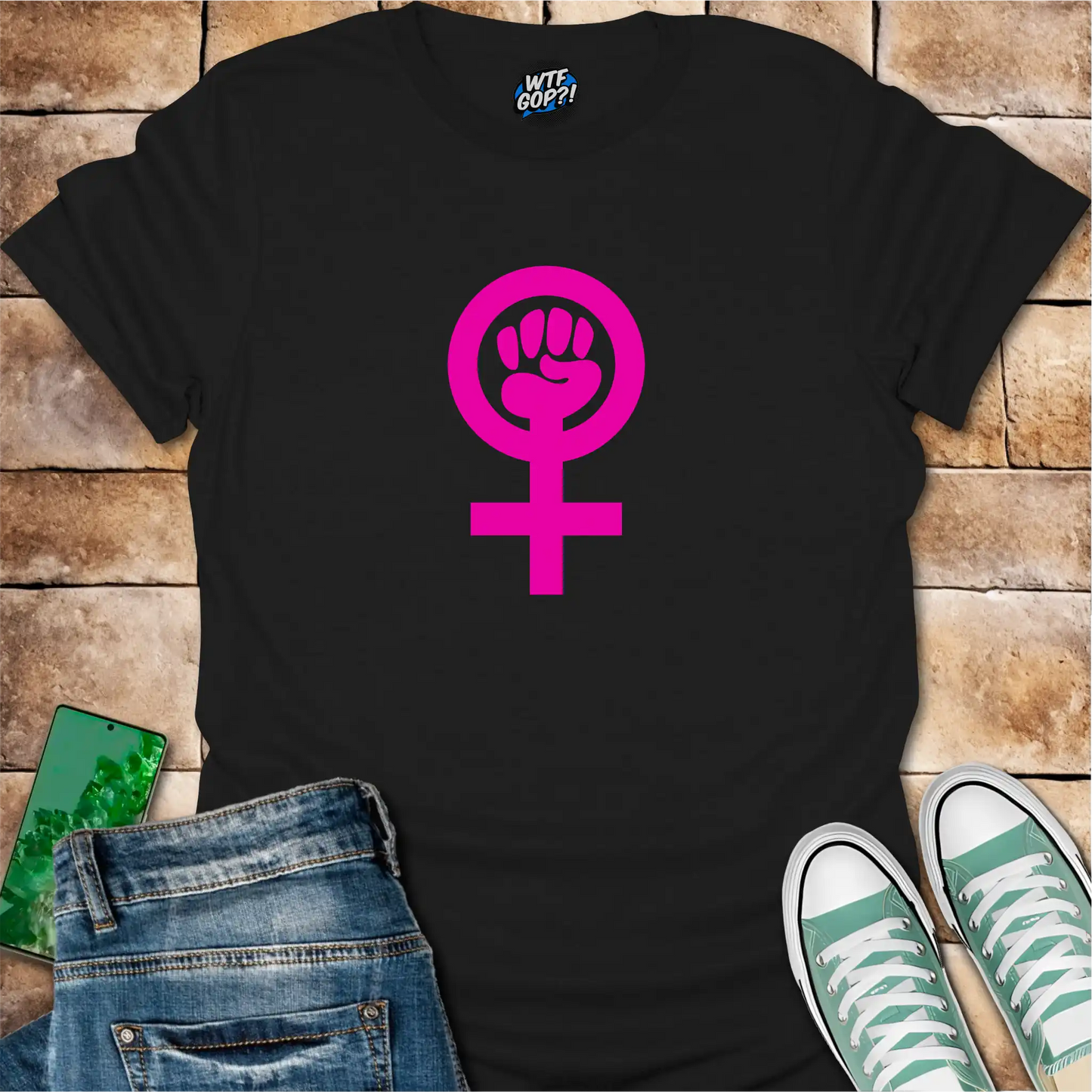 Black Feminist Empowerment t-shirt with bright pink Venus fist symbol
