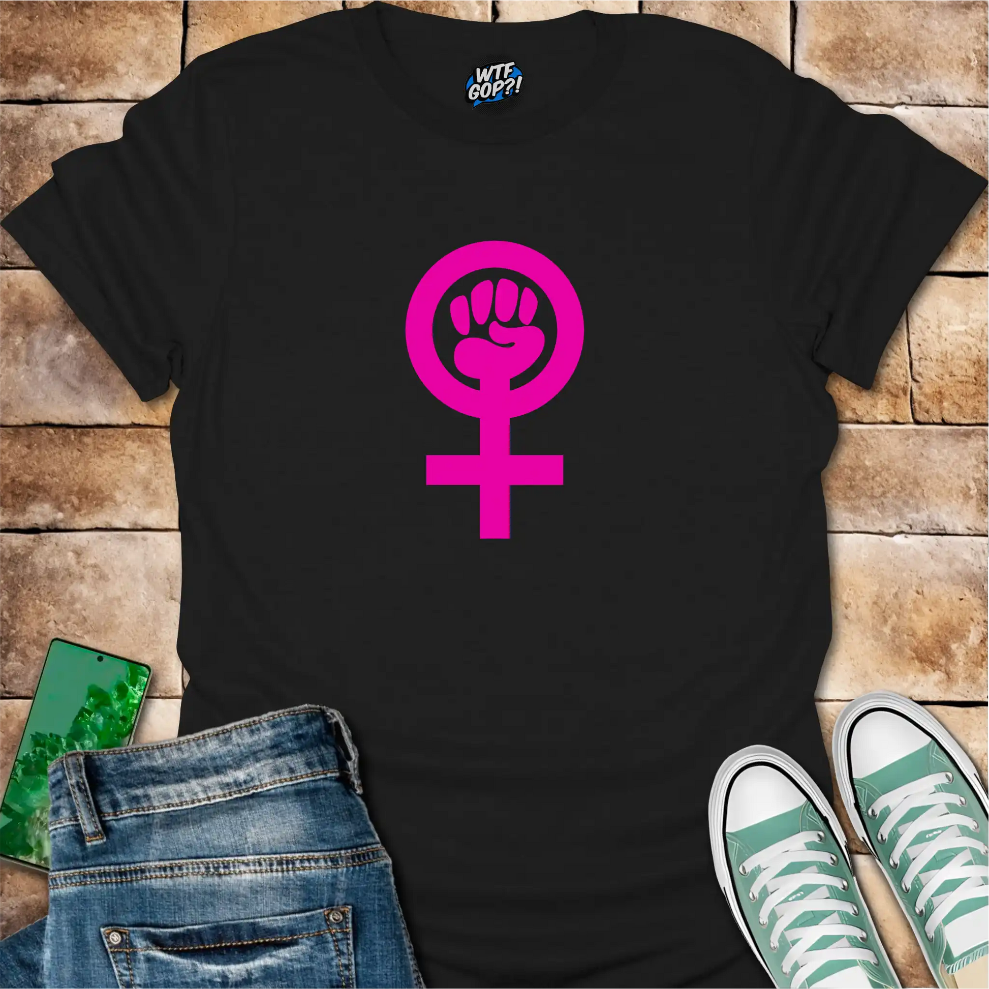 Black Feminist Empowerment t-shirt with bright pink Venus fist symbol