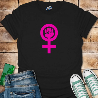 Black Feminist Empowerment t-shirt with bright pink Venus fist symbol