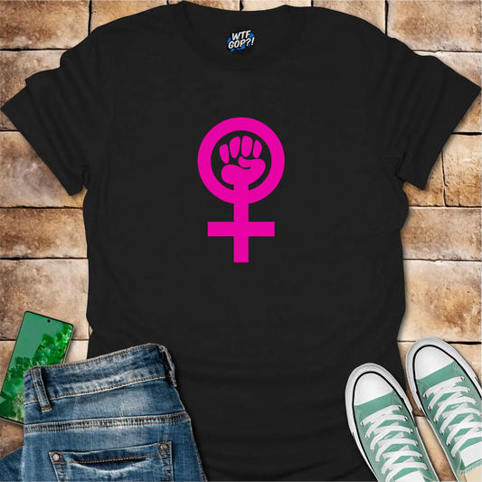 Black Feminist Empowerment t-shirt with bright pink Venus fist symbol