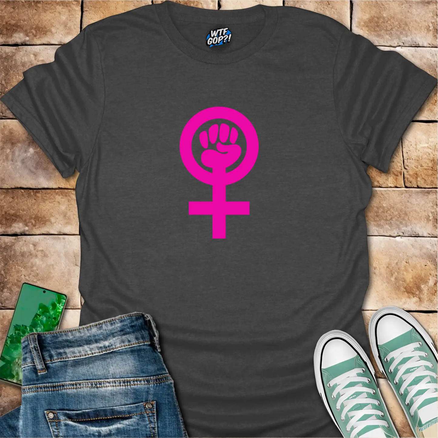 Dark Gray Feminist Empowerment t-shirt with bright pink Venus fist symbol
