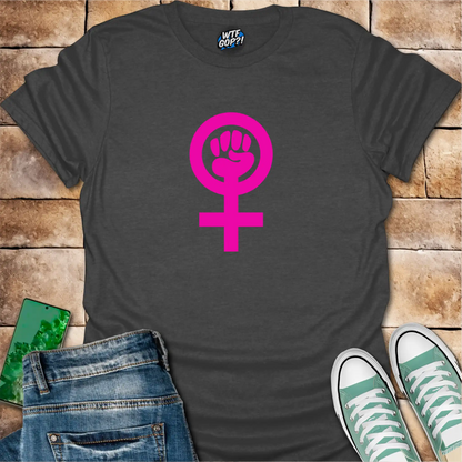 Dark Gray Feminist Empowerment t-shirt with bright pink Venus fist symbol