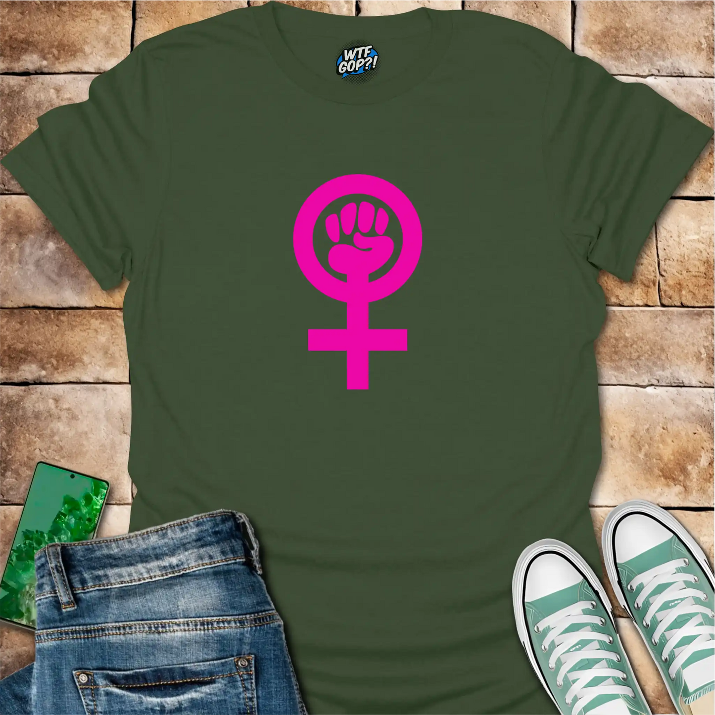 Military Green Feminist Empowerment t-shirt with bright pink Venus fist symbol