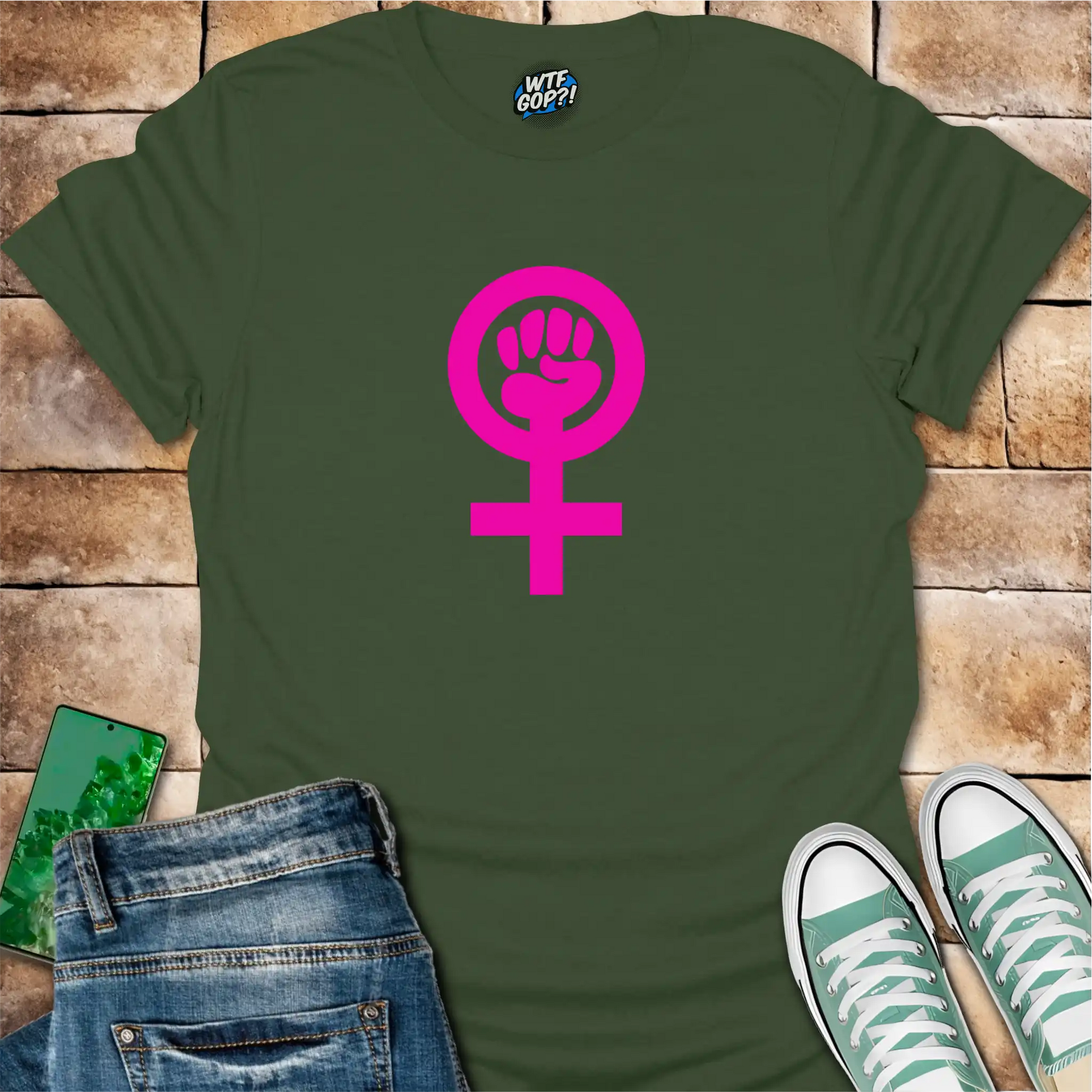 Military Green Feminist Empowerment t-shirt with bright pink Venus fist symbol