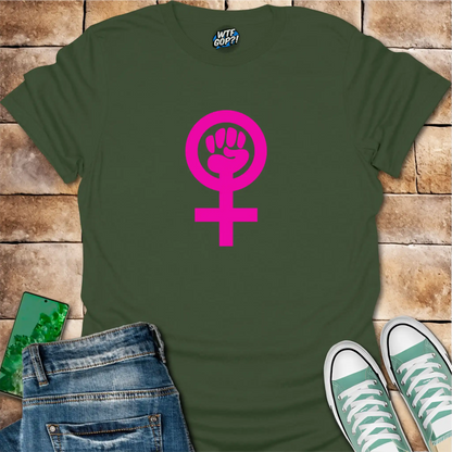 Military Green Feminist Empowerment t-shirt with bright pink Venus fist symbol