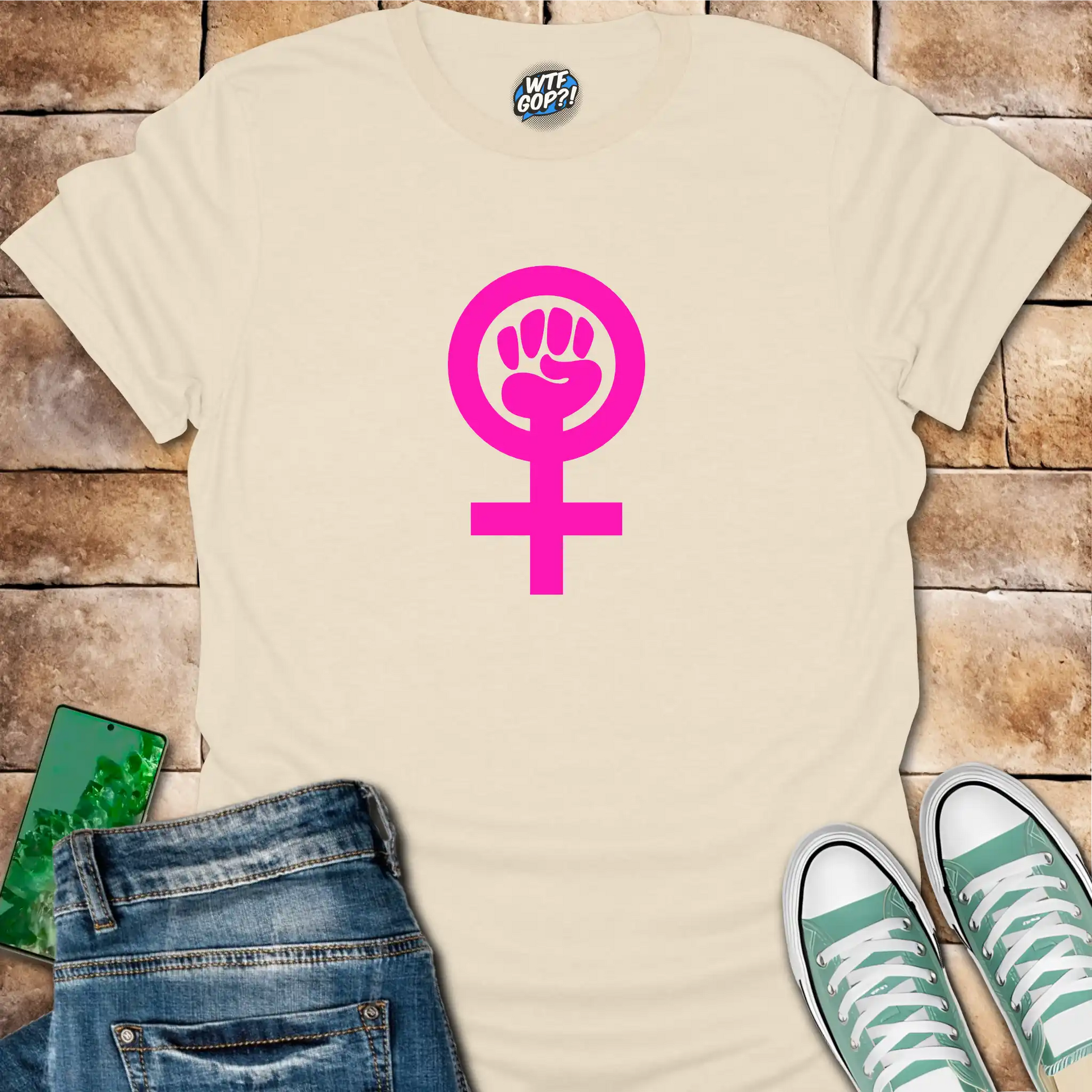 Natural Feminist Empowerment t-shirt with bright pink Venus fist symbol