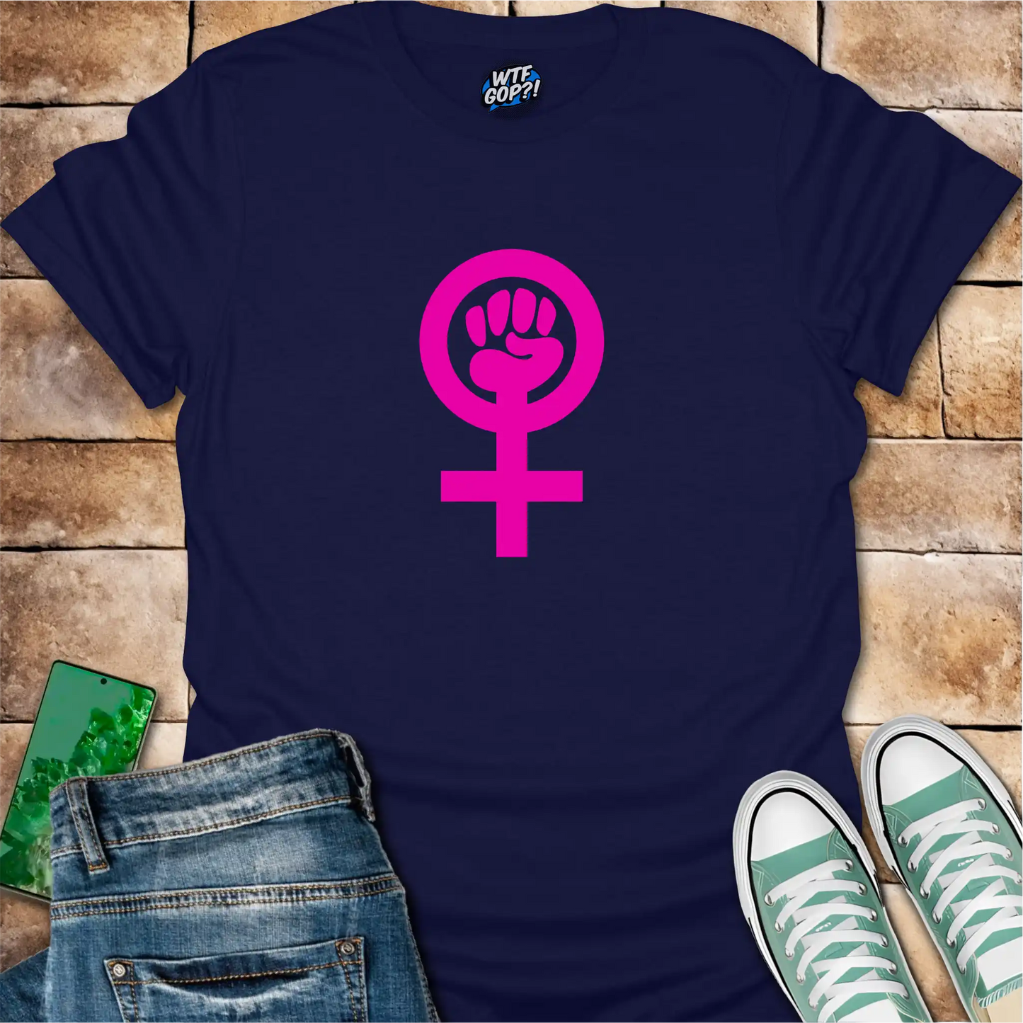 Navy Blue Feminist Empowerment t-shirt with bright pink Venus fist symbol