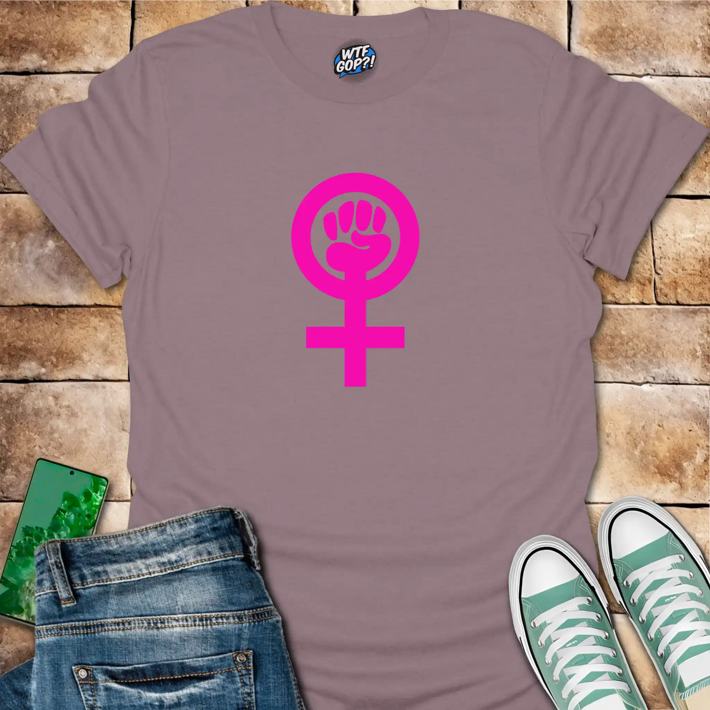 Paragon Feminist Empowerment t-shirt with bright pink Venus fist symbol