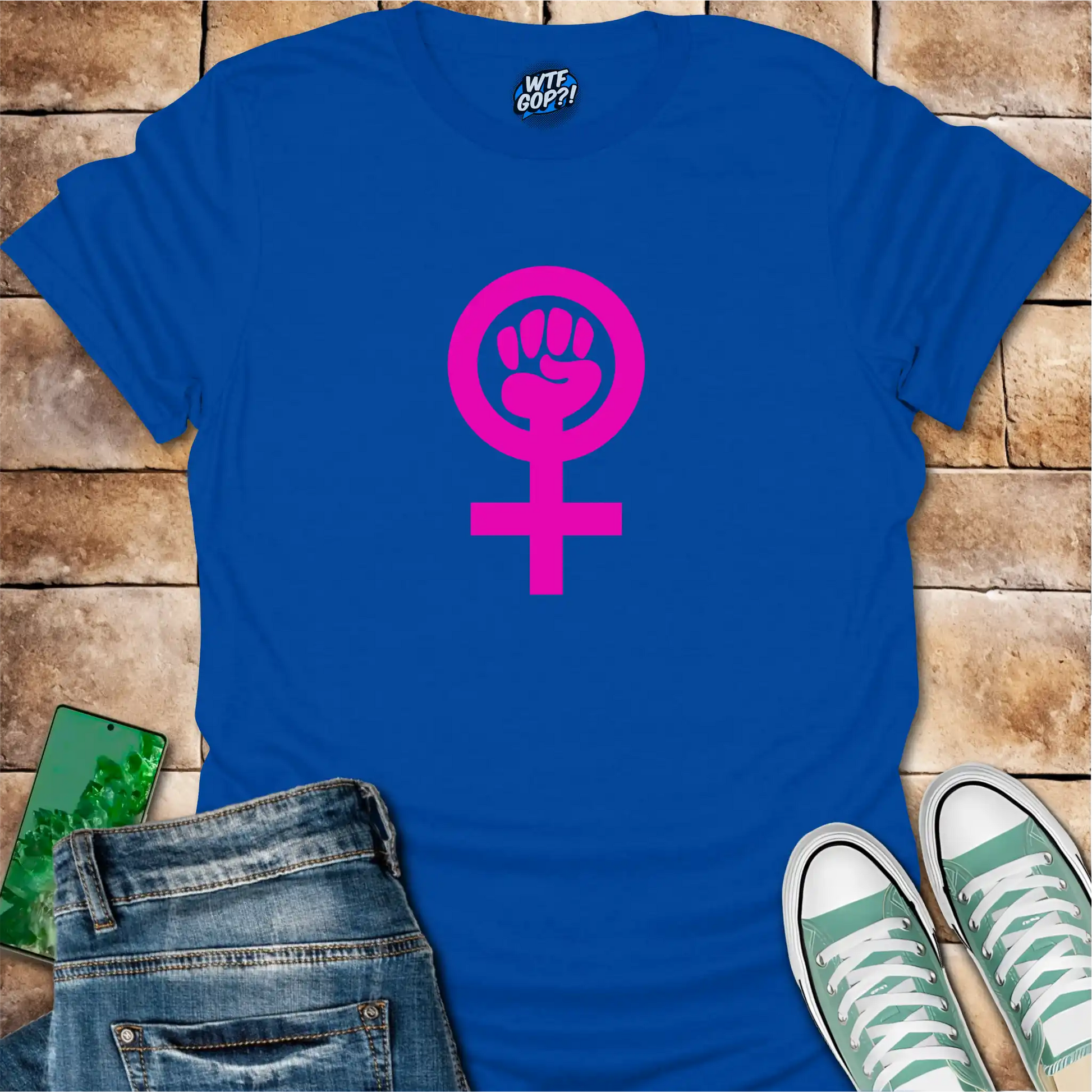 Royal Blue Feminist Empowerment t-shirt with bright pink Venus fist symbol