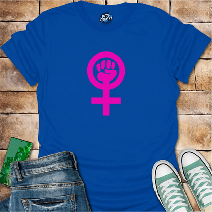 Royal Blue Feminist Empowerment t-shirt with bright pink Venus fist symbol