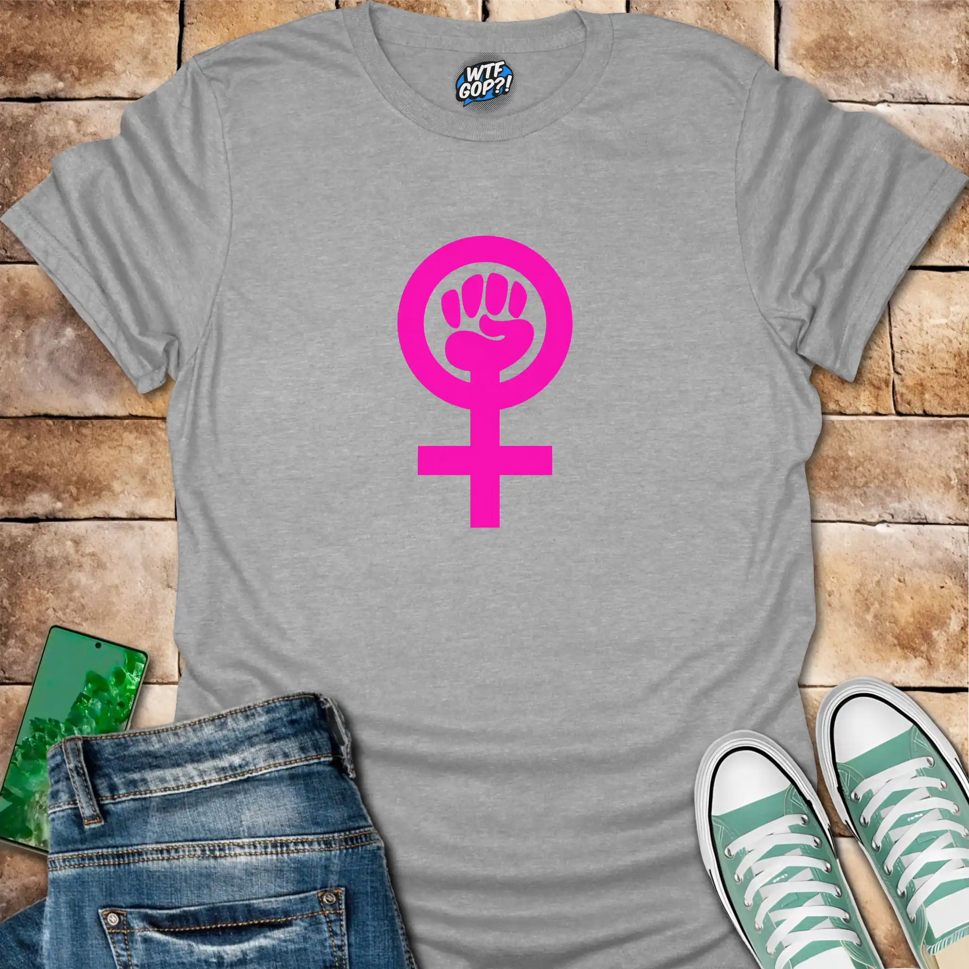 Sport Grey Feminist Empowerment t-shirt with bright pink Venus fist symbol