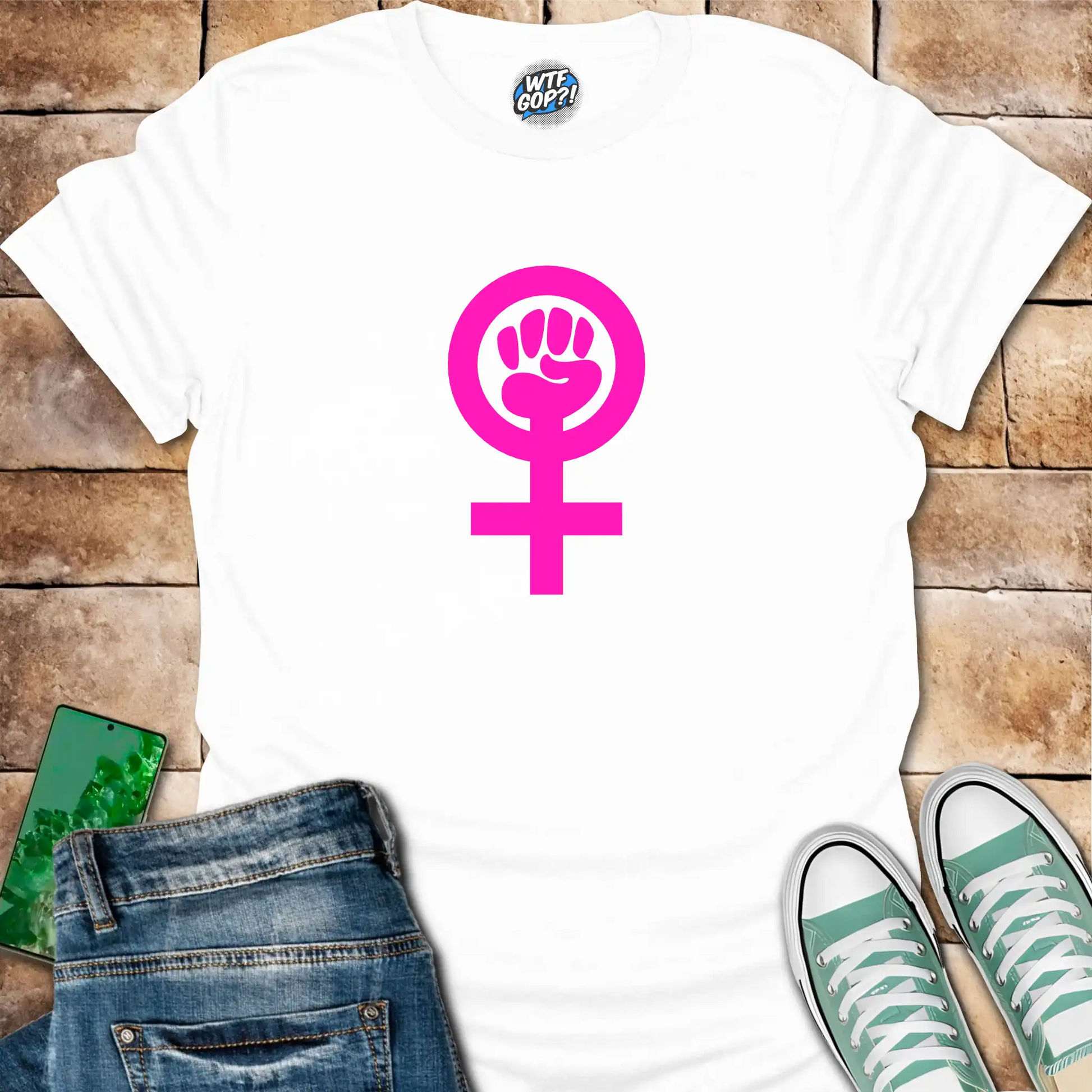 White Feminist Empowerment t-shirt with bright pink Venus fist symbol