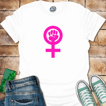 White Feminist Empowerment t-shirt with bright pink Venus fist symbol