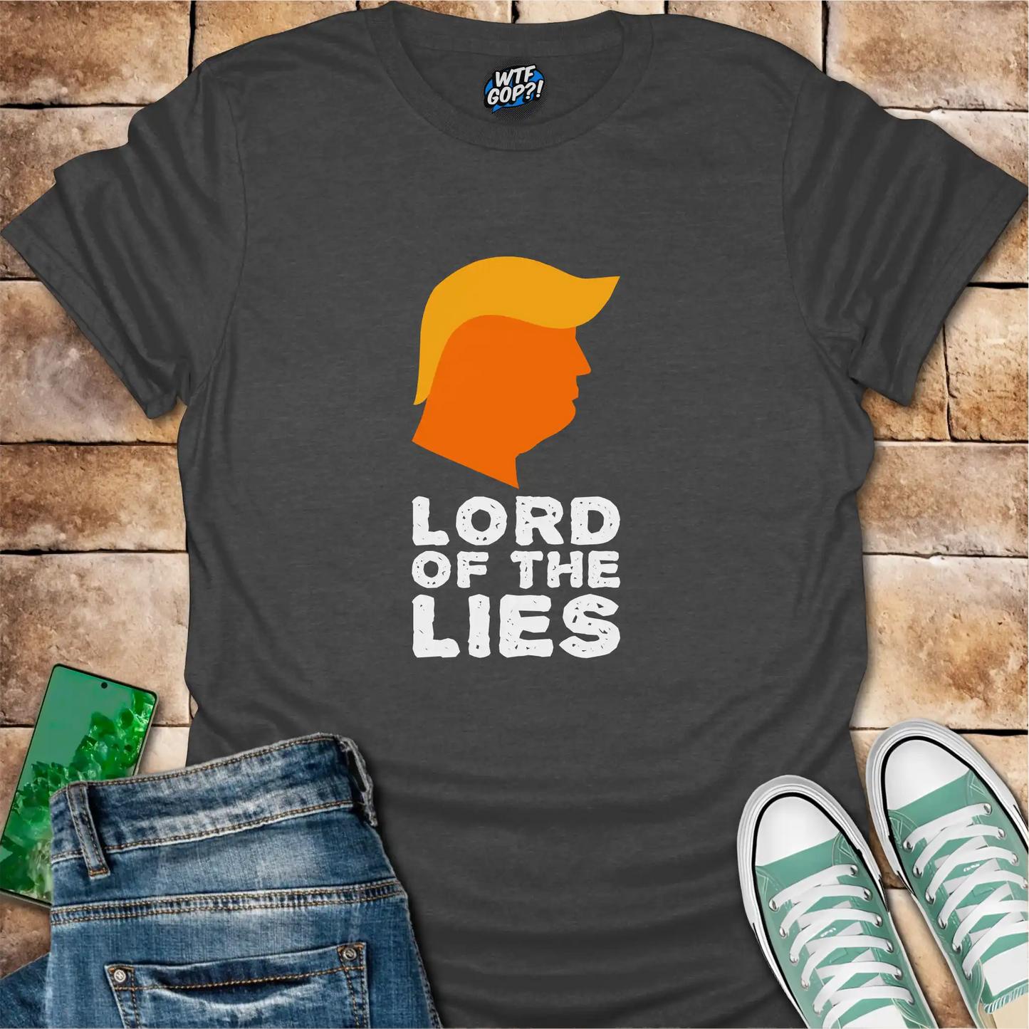 Dark Gray Lord of the Lies Trump Shirt: A caricature of Donald Trump's silhouette above the phrase 'Lord of the Lies'.