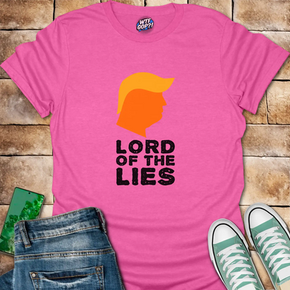 Pink Lord of the Lies Trump Shirt: A caricature of Donald Trump's silhouette above the phrase 'Lord of the Lies'.