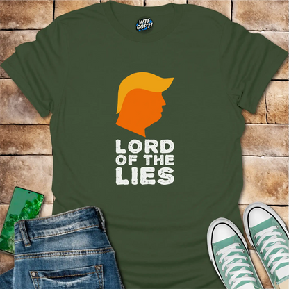 Military Green Lord of the Lies Trump Shirt: A caricature of Donald Trump's silhouette above the phrase 'Lord of the Lies'.