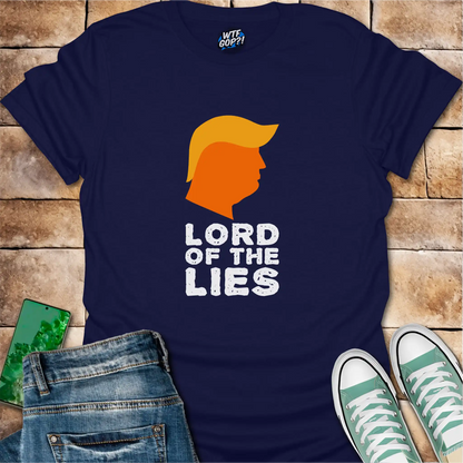 Navy Blue Lord of the Lies Trump Shirt: A caricature of Donald Trump's silhouette above the phrase 'Lord of the Lies'.