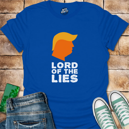 Royal Blue Lord of the Lies Trump Shirt: A caricature of Donald Trump's silhouette above the phrase 'Lord of the Lies'.