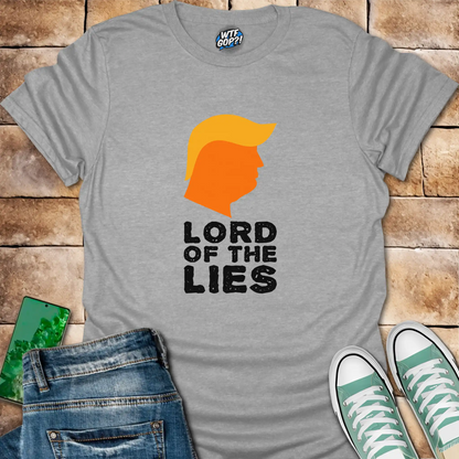 Sport Grey Lord of the Lies Trump Shirt: A caricature of Donald Trump's silhouette above the phrase 'Lord of the Lies'.