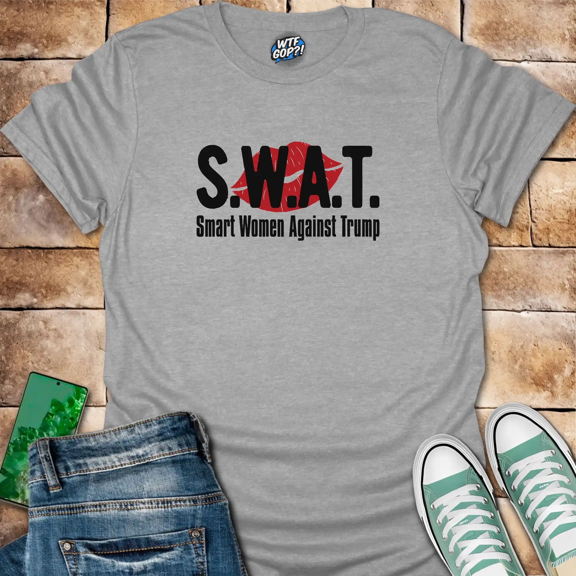Sport Grey SWAT Anti-Trump Shirt: The acronym 'SWAT' with the full phrase 'Smart Women Against Trump' below.