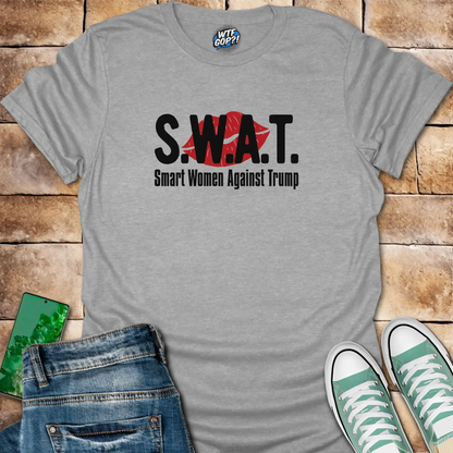Sport Grey SWAT Anti-Trump Shirt: The acronym 'SWAT' with the full phrase 'Smart Women Against Trump' below.