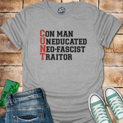 Anti-Trump Acronym Shirt in Sport Gray: The acronym 'C.U.N.T' spelled out vertically, with each letter representing a word.