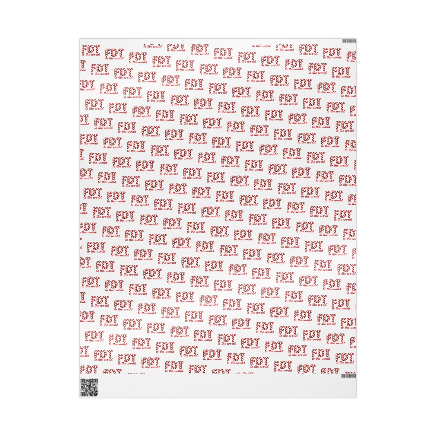 Christmas wrapping paper featuring a repeating pattern of the political text "FDT TO THE WORLD" in a classic red and white candy cane font.