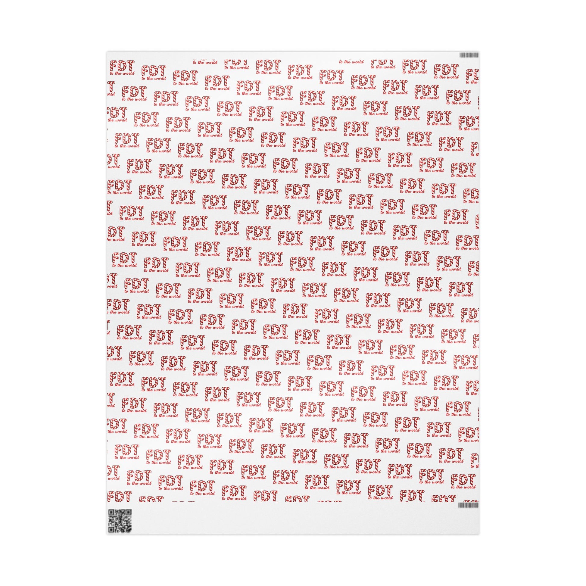 Christmas wrapping paper featuring a repeating pattern of the political text "FDT TO THE WORLD" in a classic red and white candy cane font.