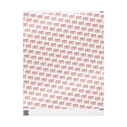 Christmas wrapping paper featuring a repeating pattern of the political text "FDT TO THE WORLD" in a classic red and white candy cane font.