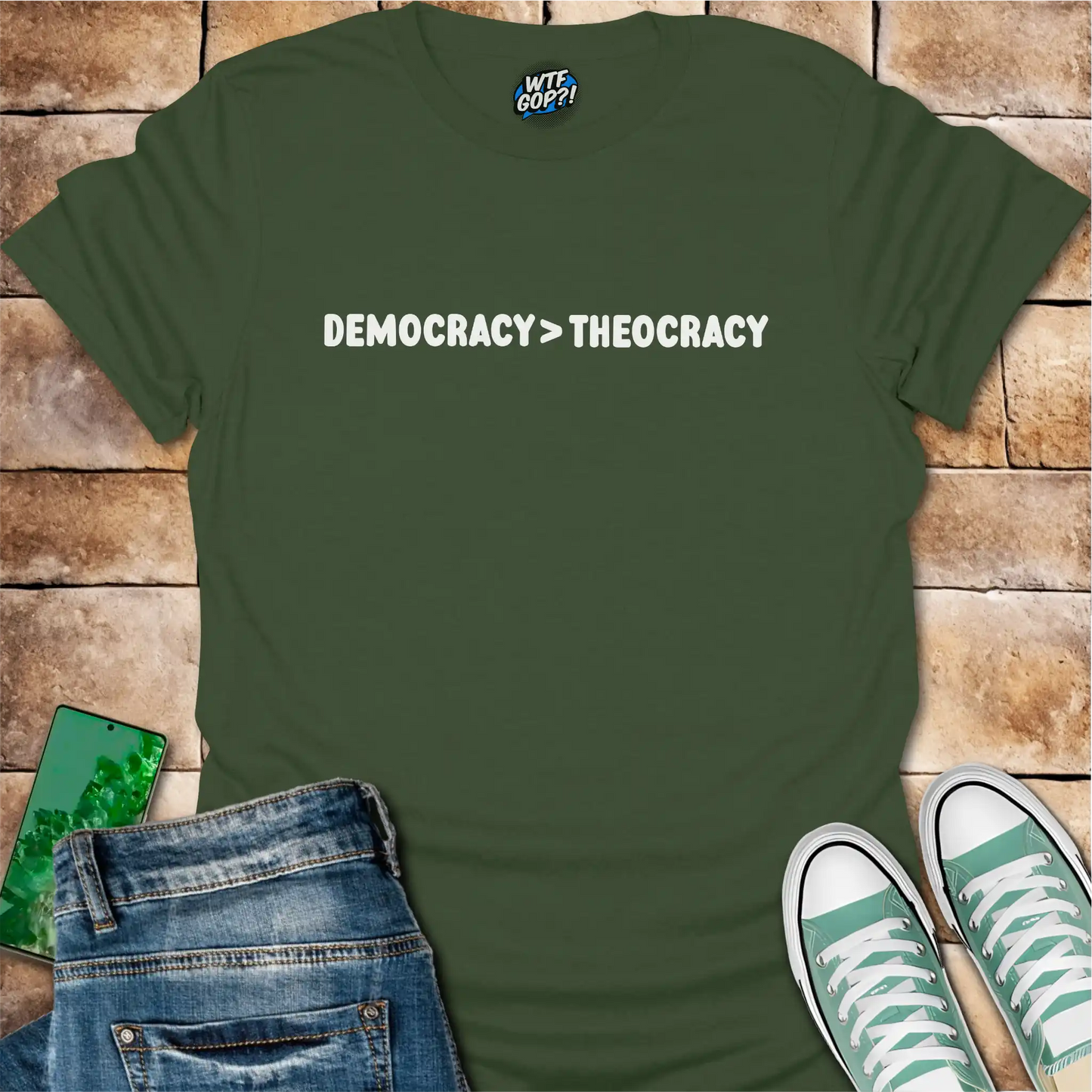 Democracy Over Theocracy T-Shirt | Constitutional Rights Statement Tee