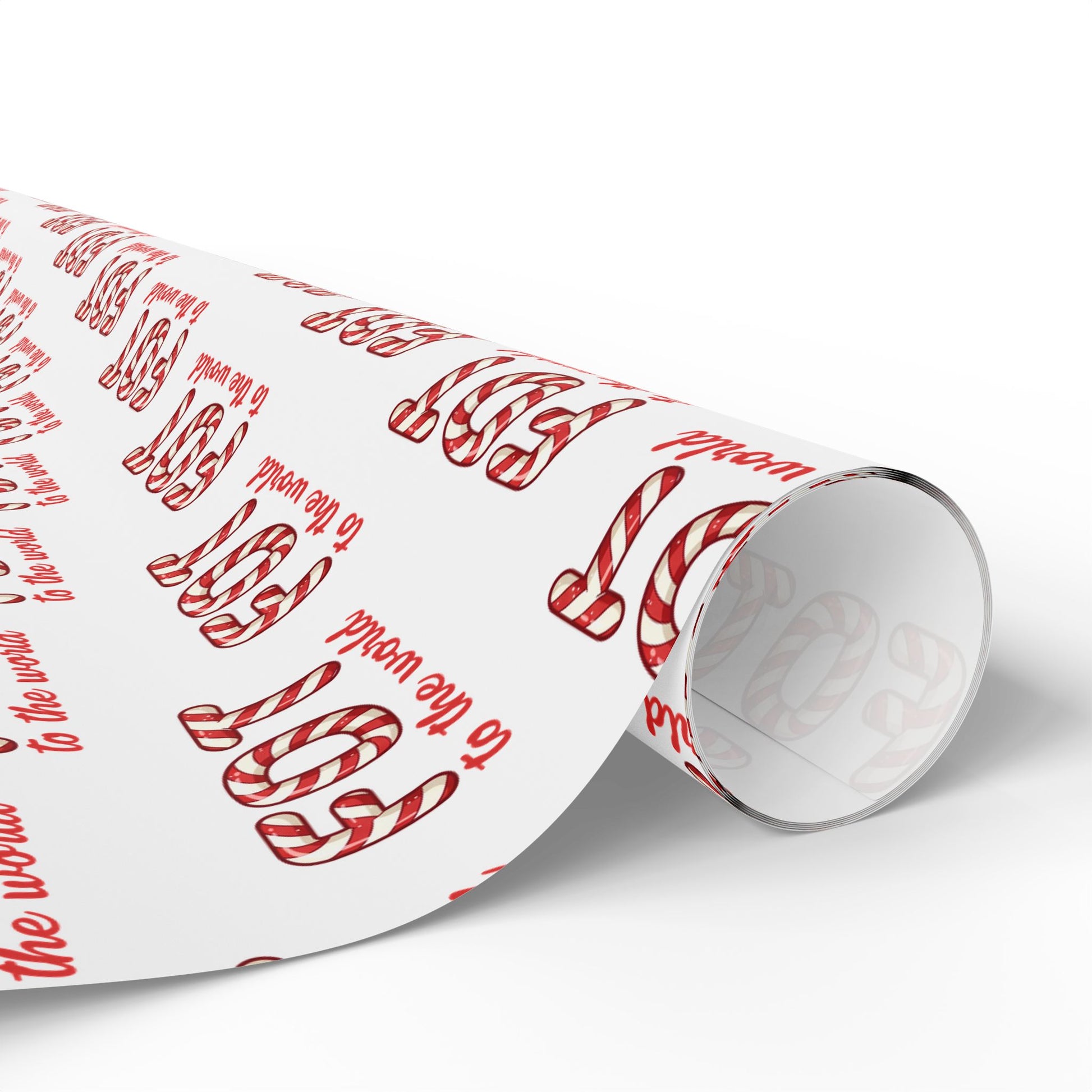 Christmas wrapping paper featuring a repeating pattern of the political text "FDT TO THE WORLD" in a classic red and white candy cane font.