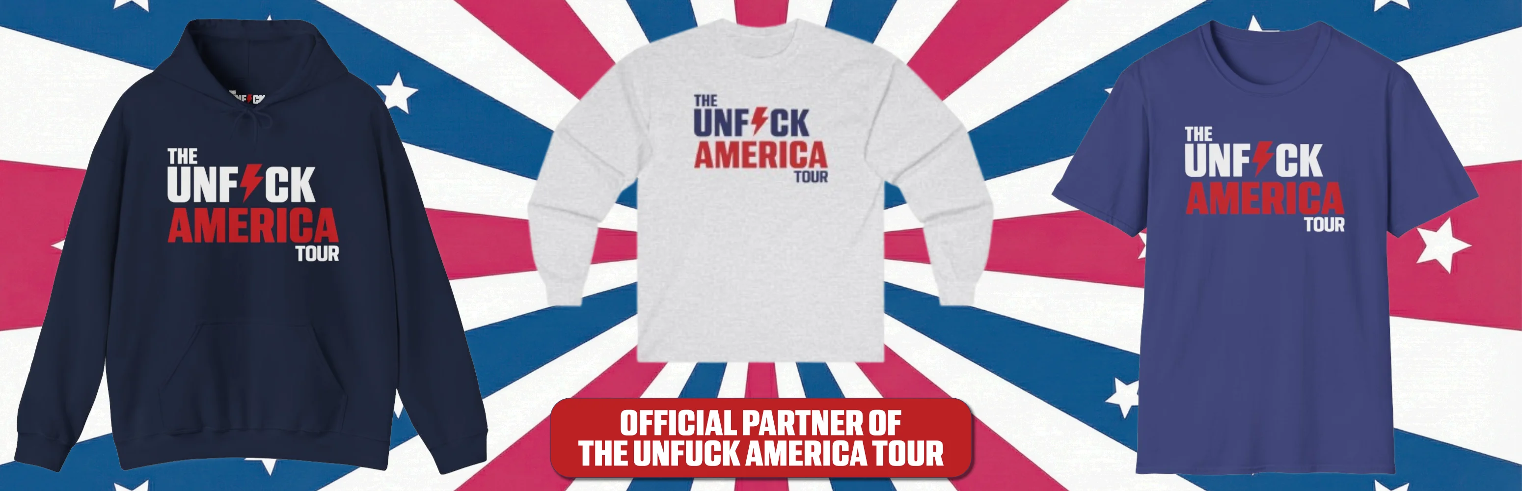 Three pieces of clothing with 'UNFUCK AMERICA' text on a graphic background