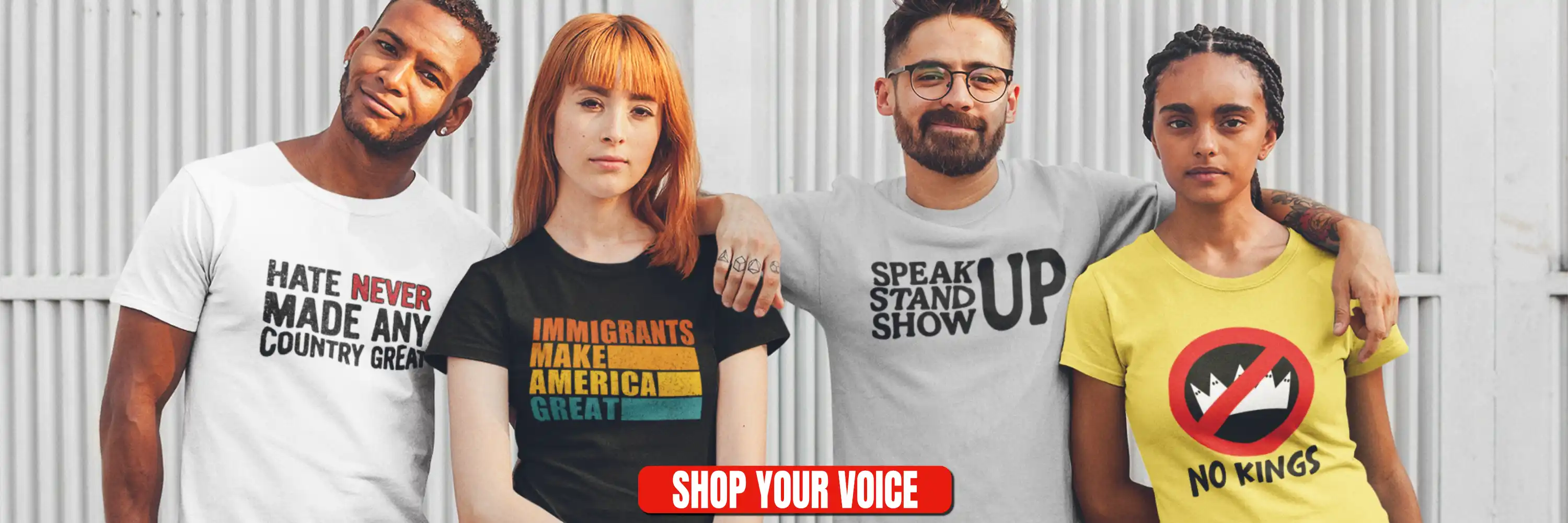 Four people wearing politically themed t-shirts with a call to action to 'Shop Your Voice'.