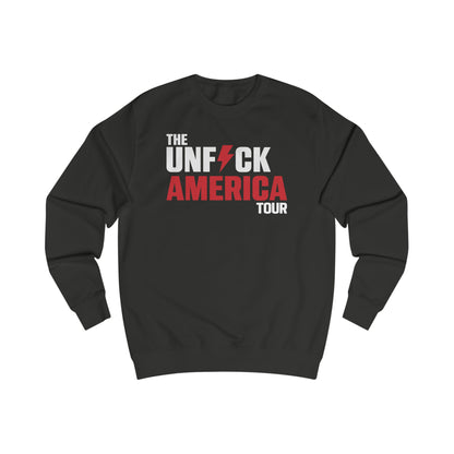 Black sweatshirt with 'The UNF*CK AMERICA TOUR' text on a white background