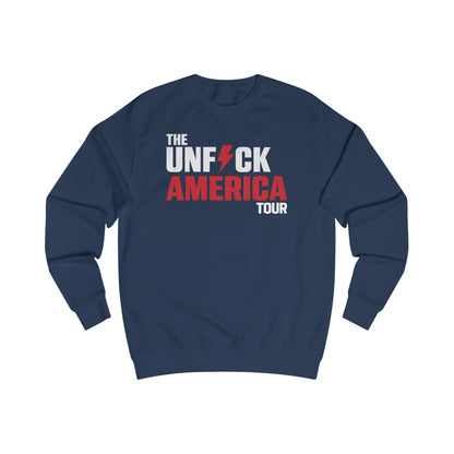 Navy blue sweatshirt with 'The UNF*CK AMERICA TOUR' text on a white background